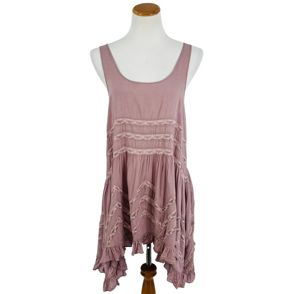 Free People Pink Tiered Ruffle Voile & Lace Mini Slip Dress | Cottagecore Boho M - Picture 3 of 16